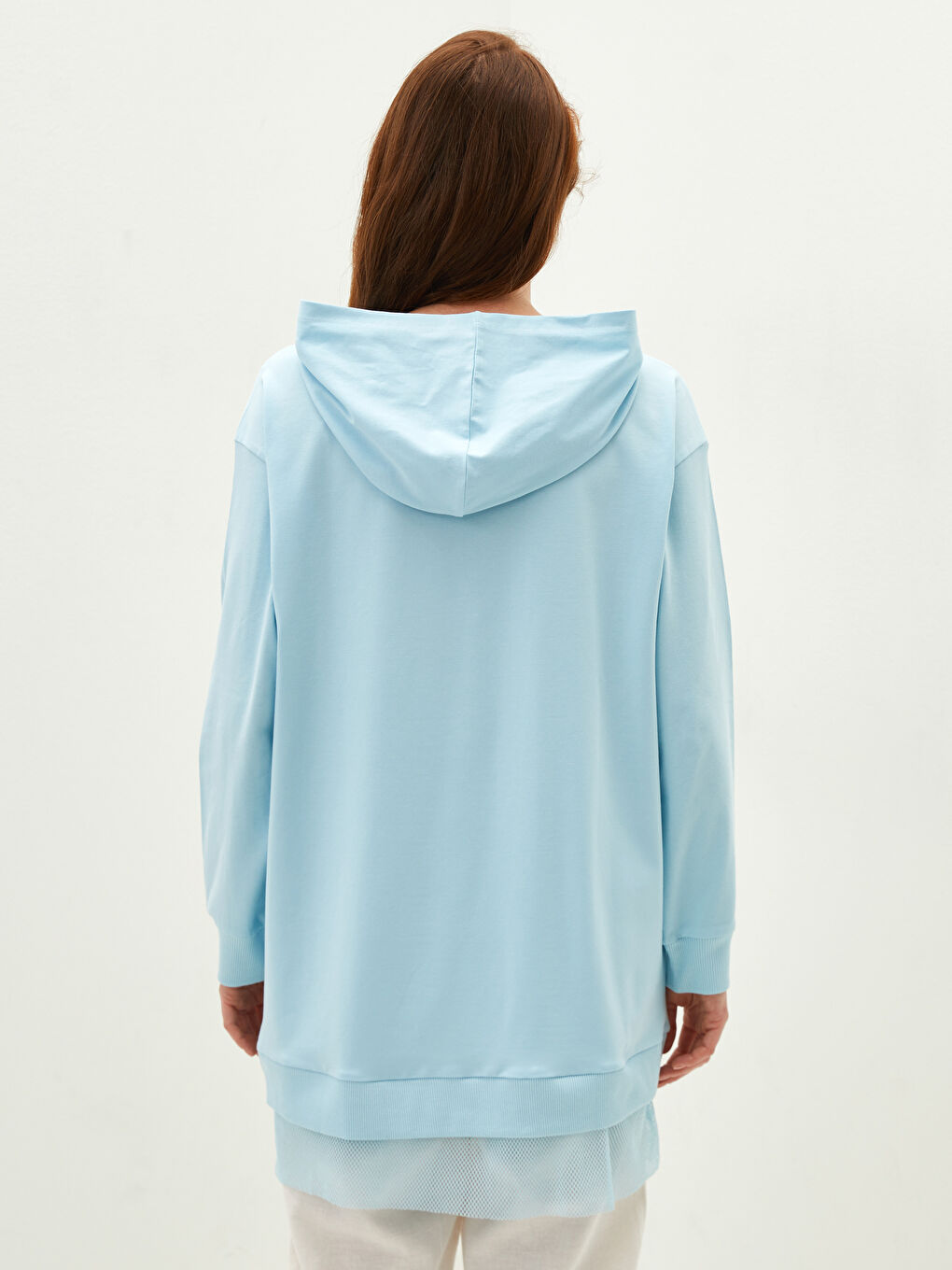 Mavi Kapüşon Yaka File Detaylı Uzun Kollu Kadın Tunik-10