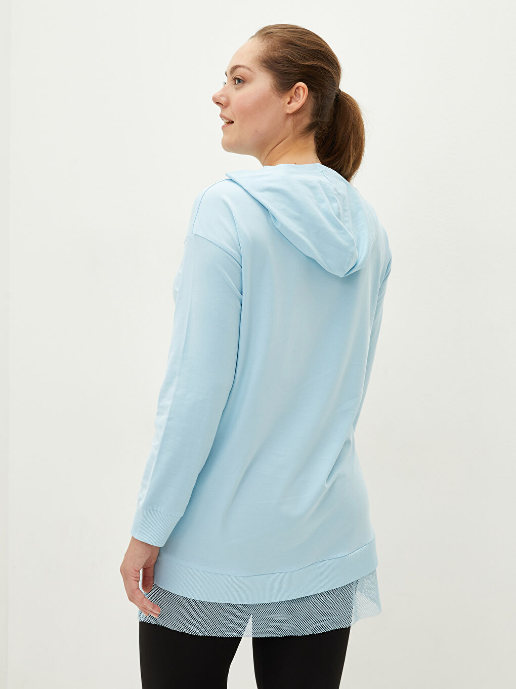 Mavi Kapüşon Yaka File Detaylı Uzun Kollu Kadın Tunik-6