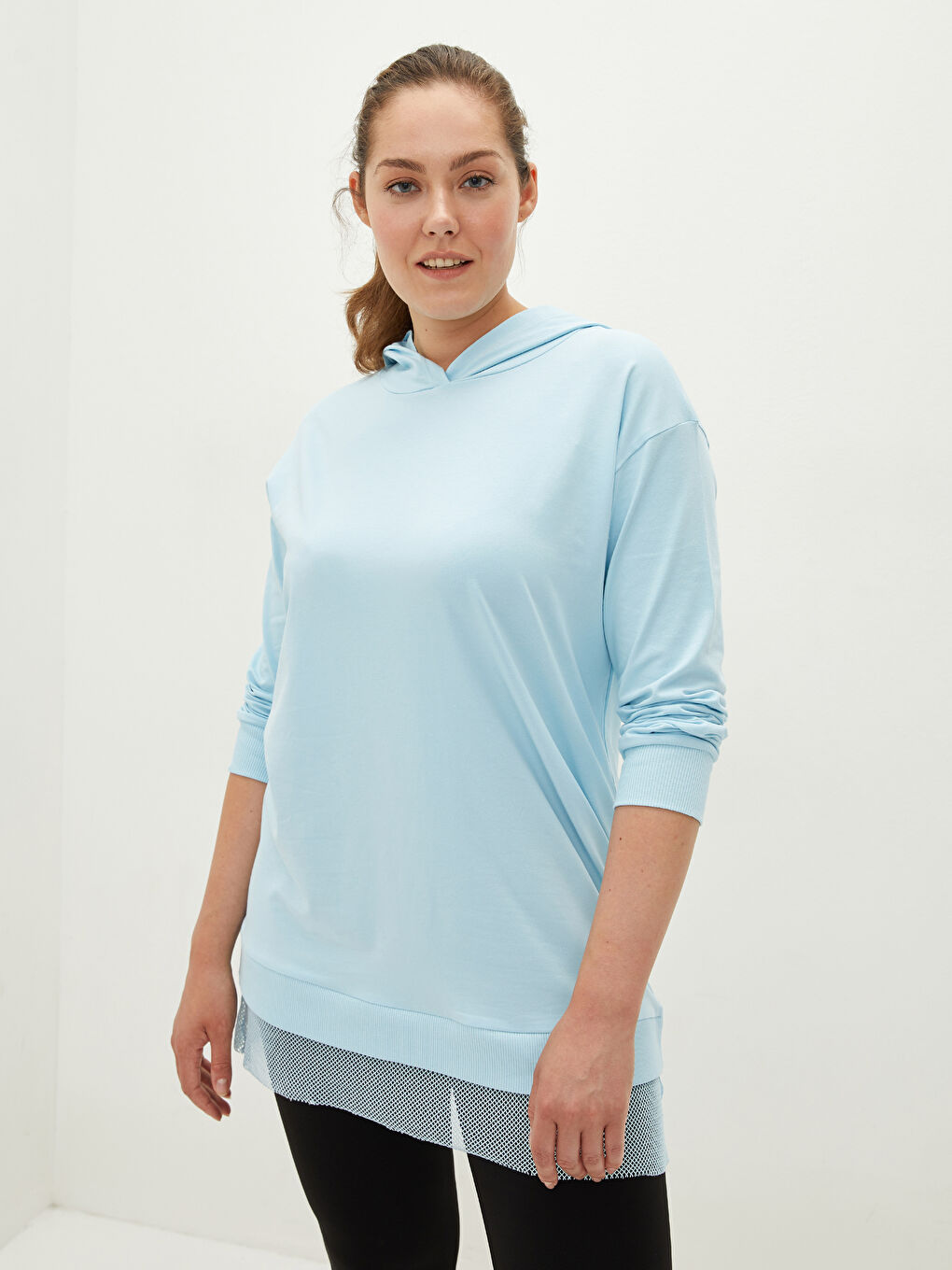 Mavi Kapüşon Yaka File Detaylı Uzun Kollu Kadın Tunik-4