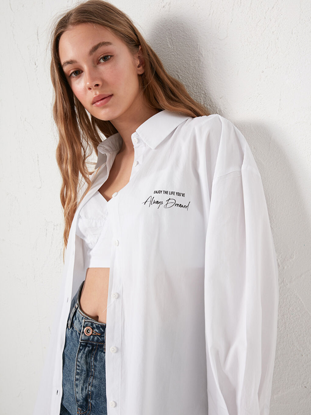 Slogan Printed Long Sleeve Women's Shirt and Bralet-3