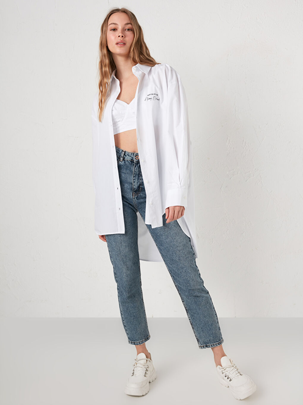 Slogan Printed Long Sleeve Women's Shirt and Bralet-5