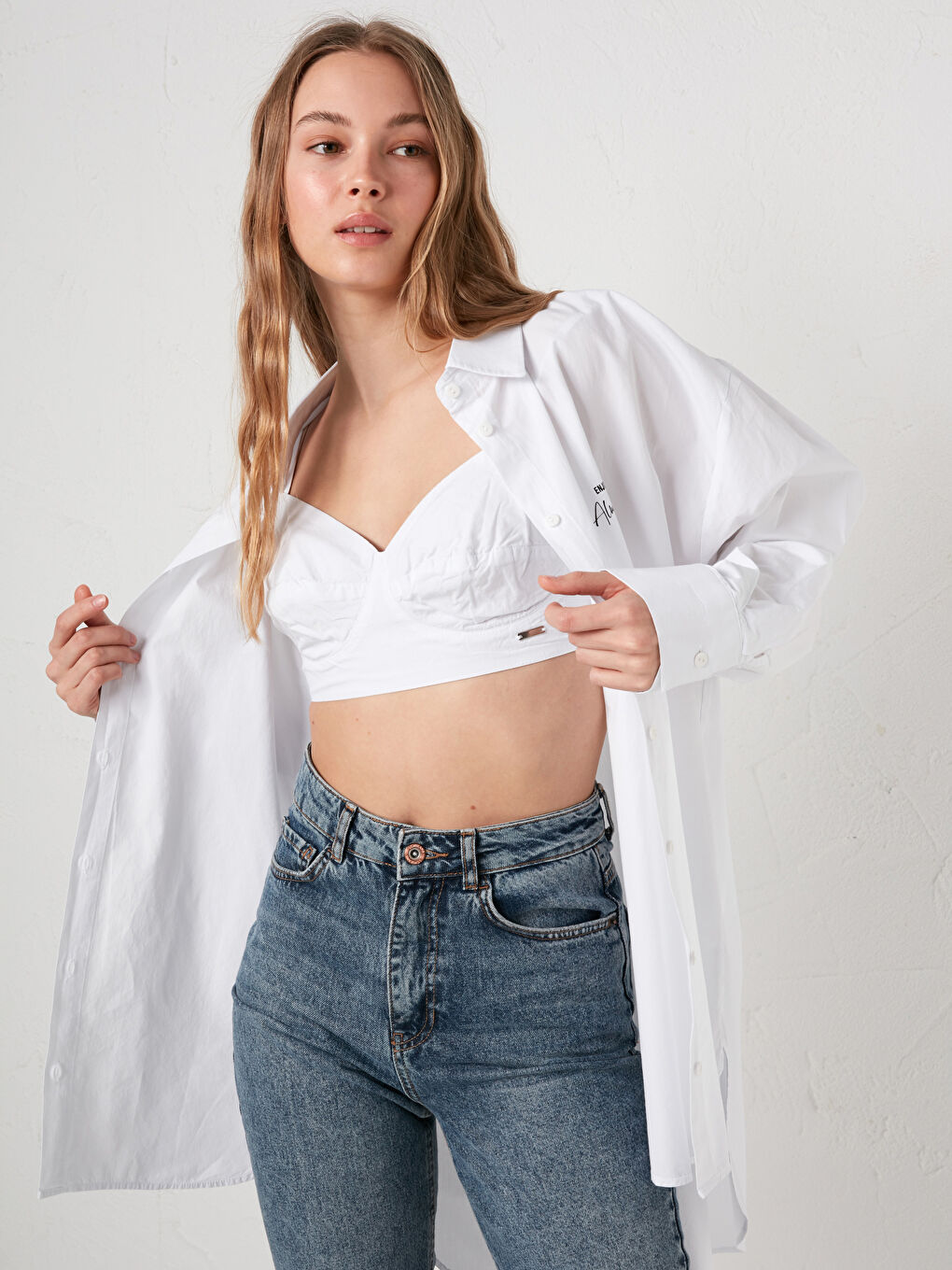 Slogan Printed Long Sleeve Women's Shirt and Bralet-6