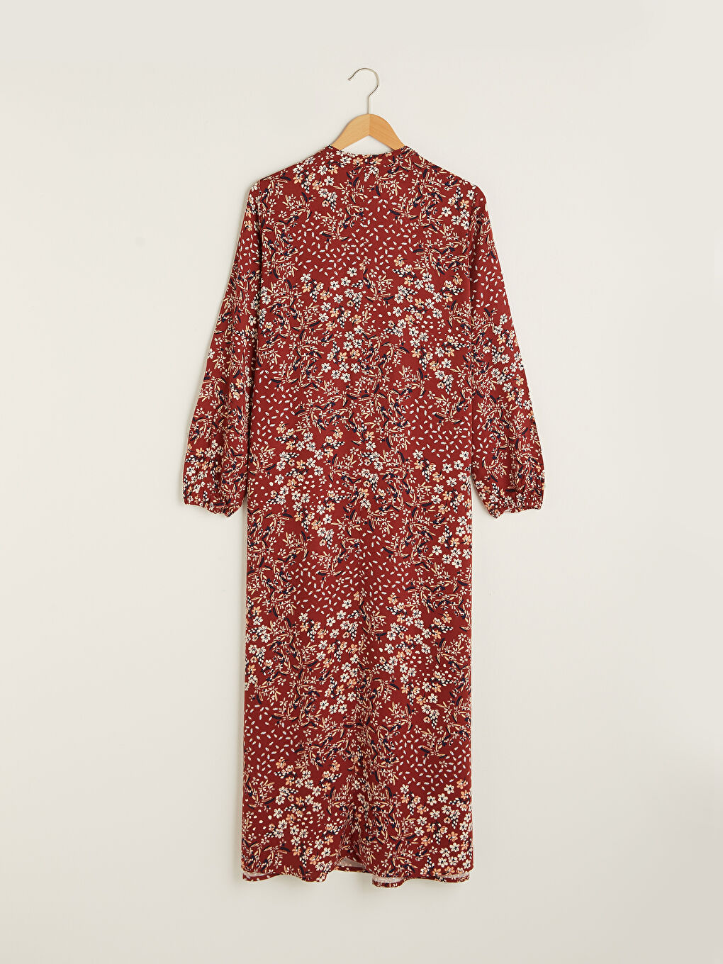 Kırmızı Hakim Yaka Çiçek Baskılı Uzun Kollu Belmando Kumaş Kadın Elbise-6