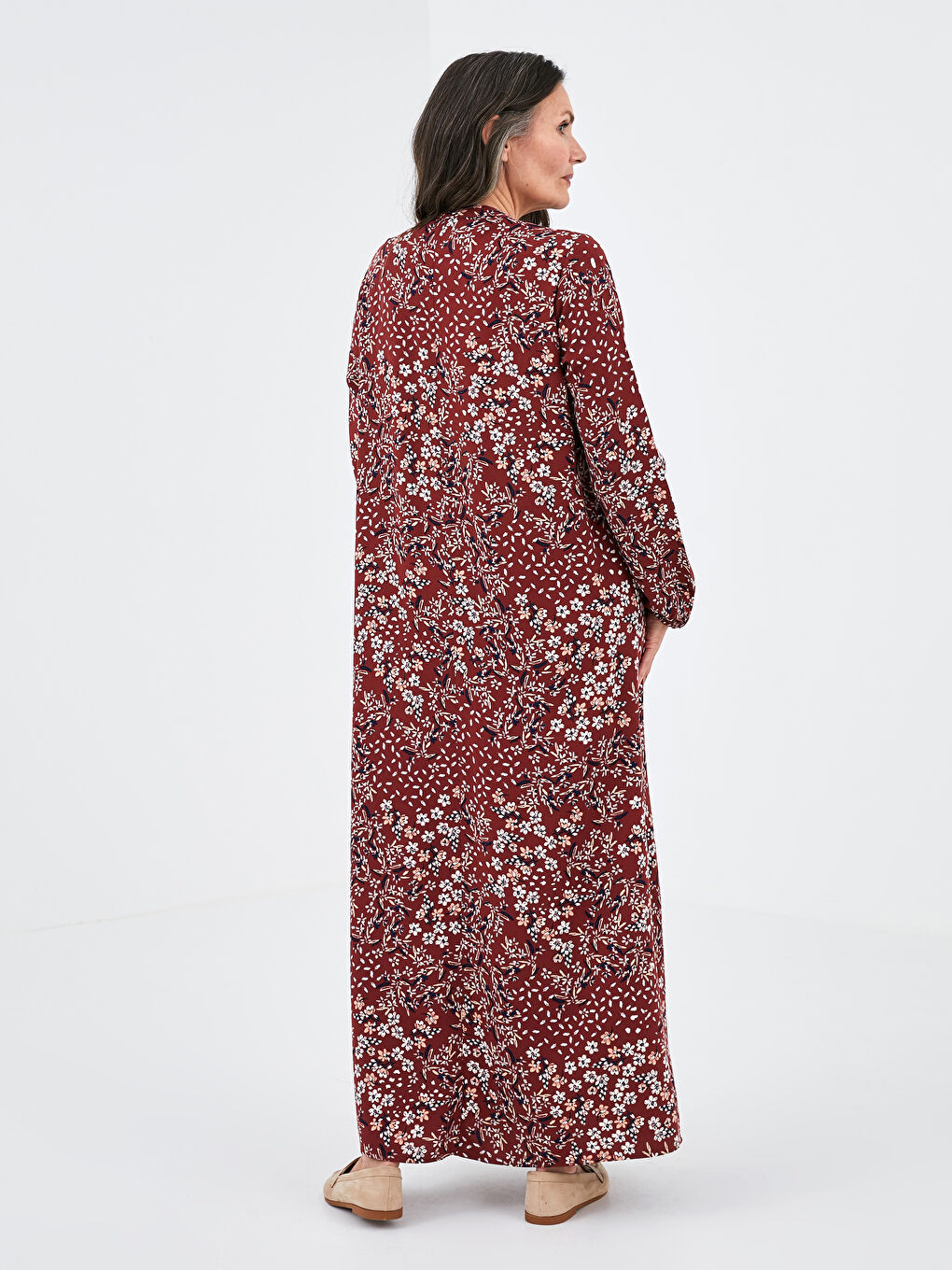 Kırmızı Hakim Yaka Çiçek Baskılı Uzun Kollu Belmando Kumaş Kadın Elbise-3