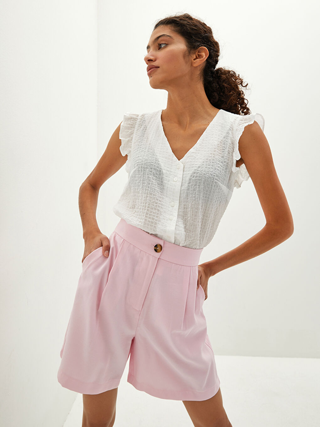 V-Neck Straight Sleeveless Cotton Women's Blouse