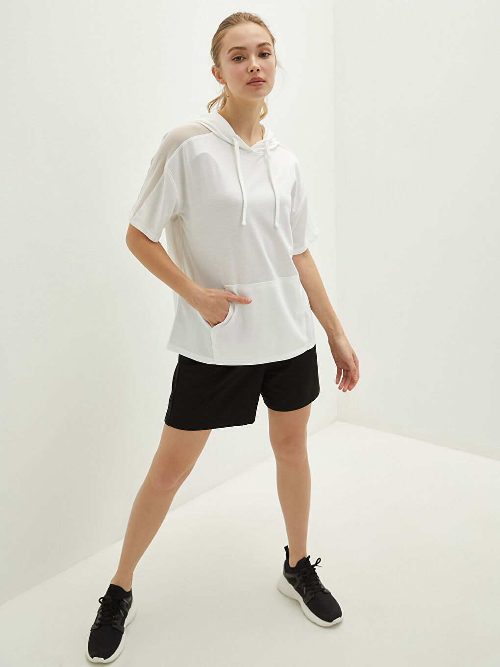 XSIDE ACTIVE Hooded Collar Plain Kangaroo Pocket Short Sleeve Women's Sports T-Shirt -S1K080Z8-EEW