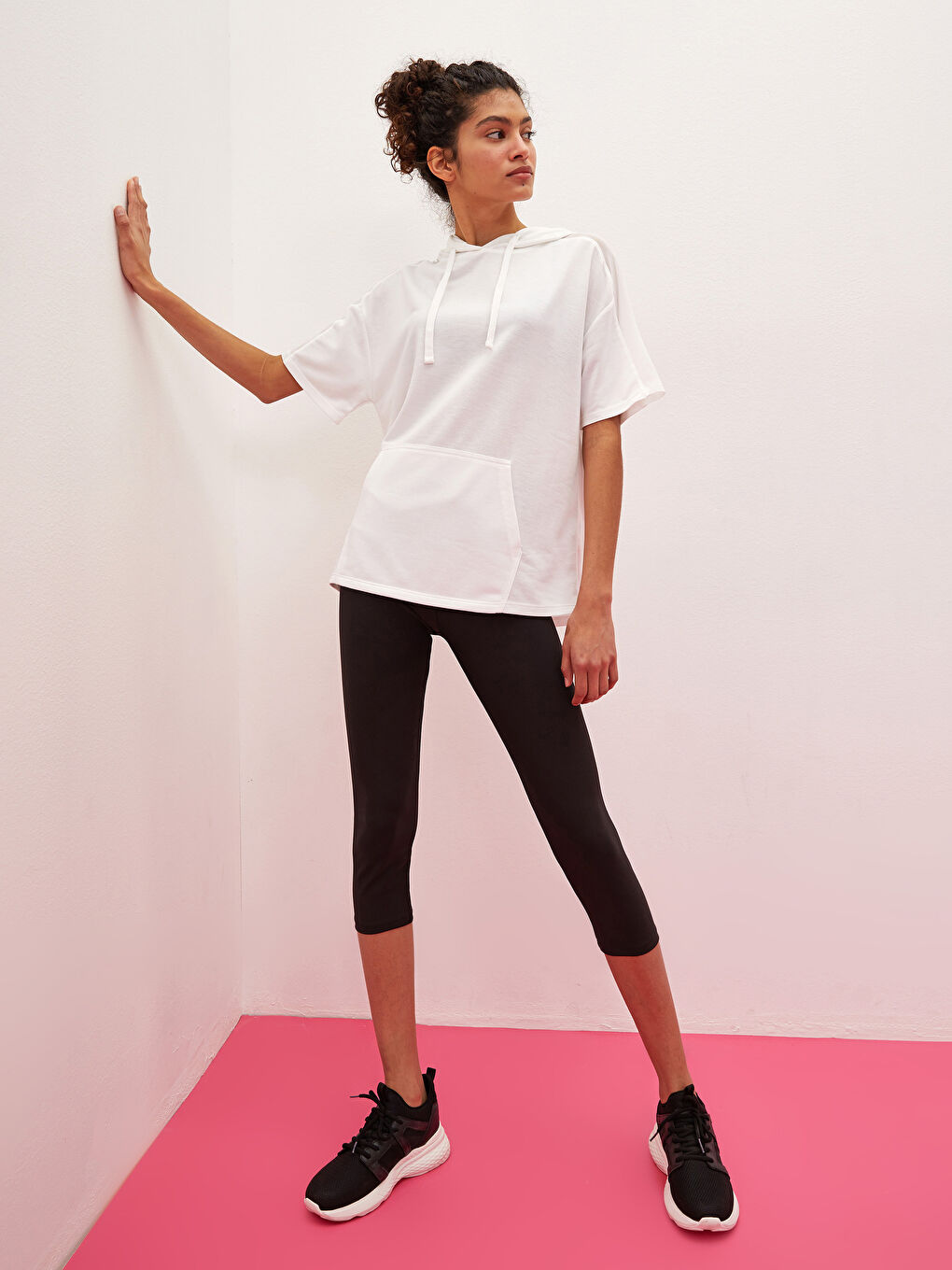 XSIDE ACTIVE Hooded Collar Plain Kangaroo Pocket Short Sleeve Women's Sports T-Shirt -S1K080Z8-EEW