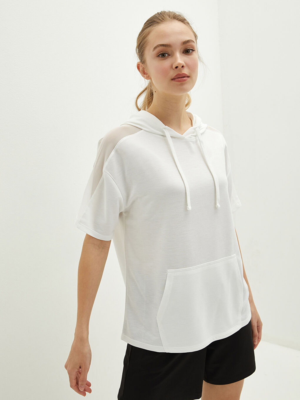 XSIDE ACTIVE Hooded Collar Plain Kangaroo Pocket Short Sleeve Women's Sports T-Shirt -S1K080Z8-EEW