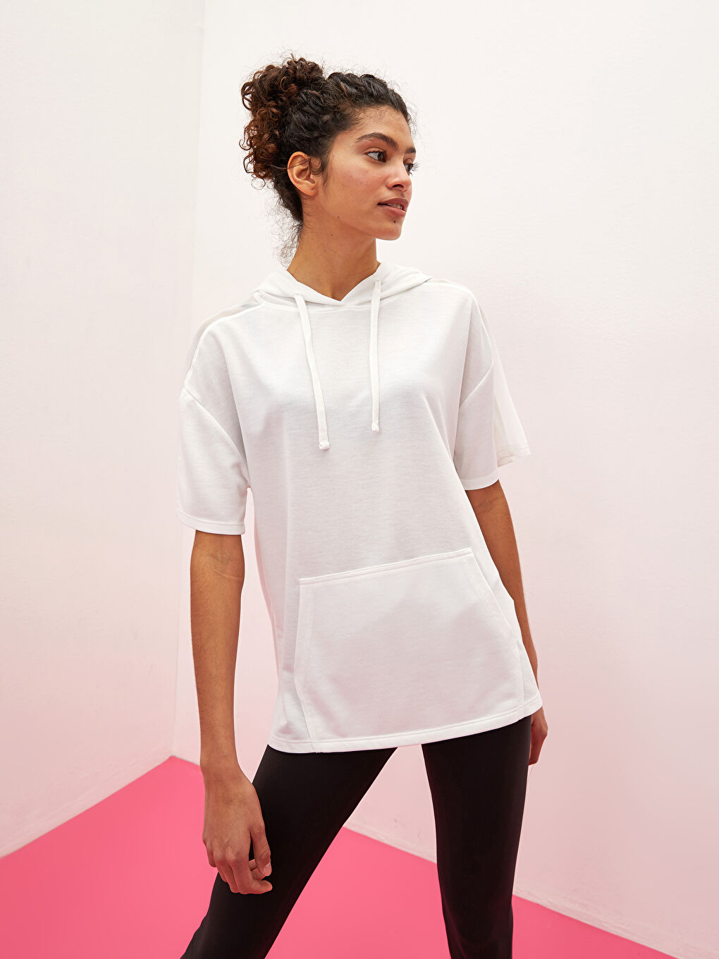 XSIDE ACTIVE Hooded Collar Plain Kangaroo Pocket Short Sleeve Women's Sports T-Shirt -S1K080Z8-EEW