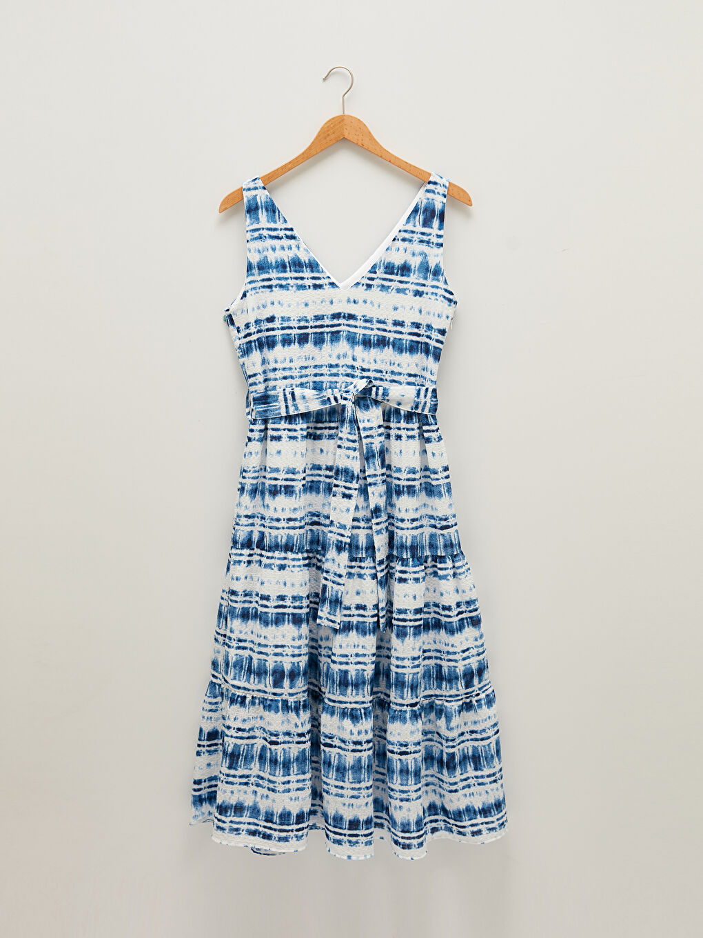 LCW Vision V-Ausschnitt Ärmellos Gemustert Taillengürtel Knitterstoff Kleid für Damen -S1K088Z8-LQQ