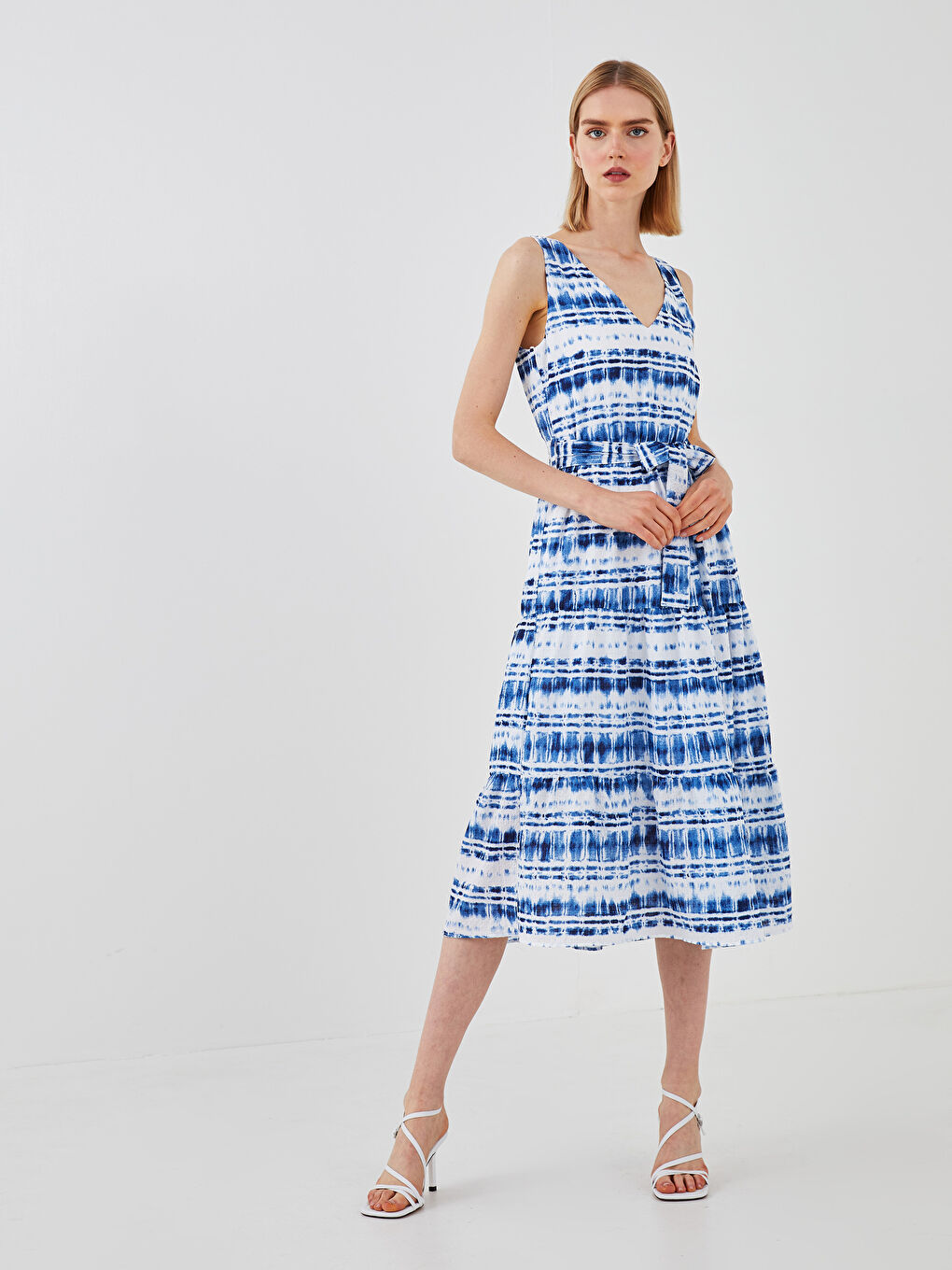 LCW Vision V-Ausschnitt Ärmellos Gemustert Taillengürtel Knitterstoff Kleid für Damen -S1K088Z8-LQQ