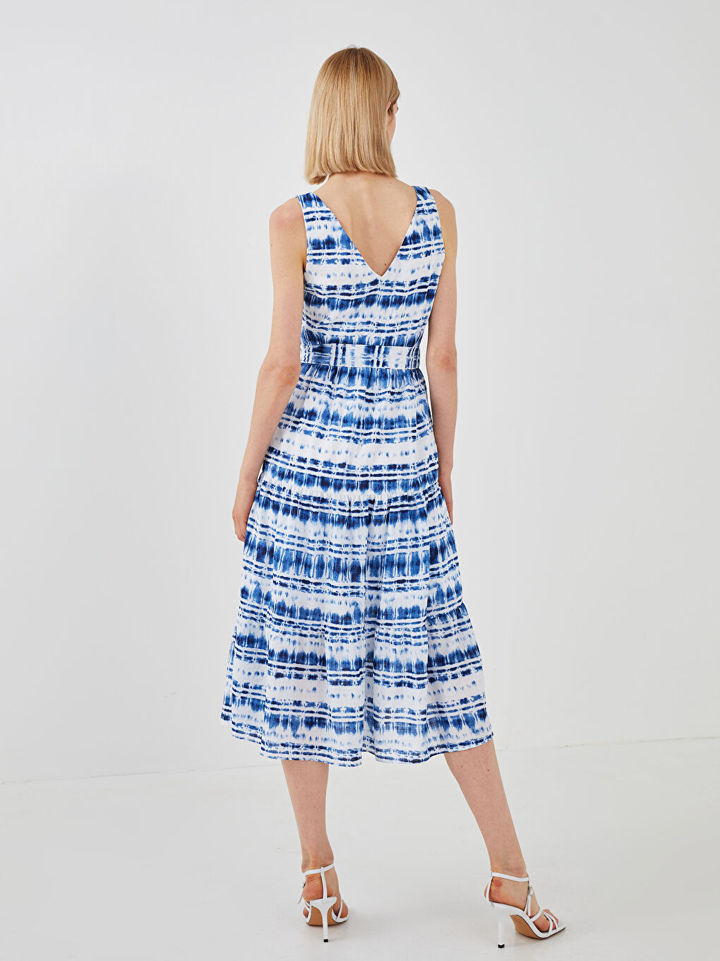 LCW Vision V-Ausschnitt Ärmellos Gemustert Taillengürtel Knitterstoff Kleid für Damen -S1K088Z8-LQQ