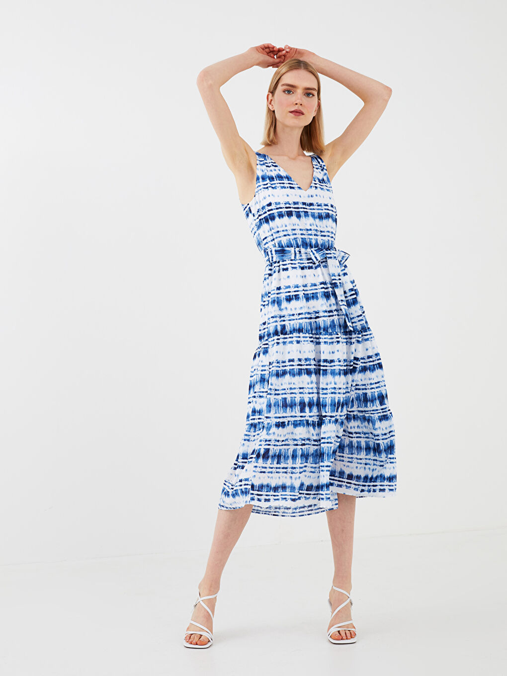 LCW Vision V-Ausschnitt Ärmellos Gemustert Taillengürtel Knitterstoff Kleid für Damen -S1K088Z8-LQQ