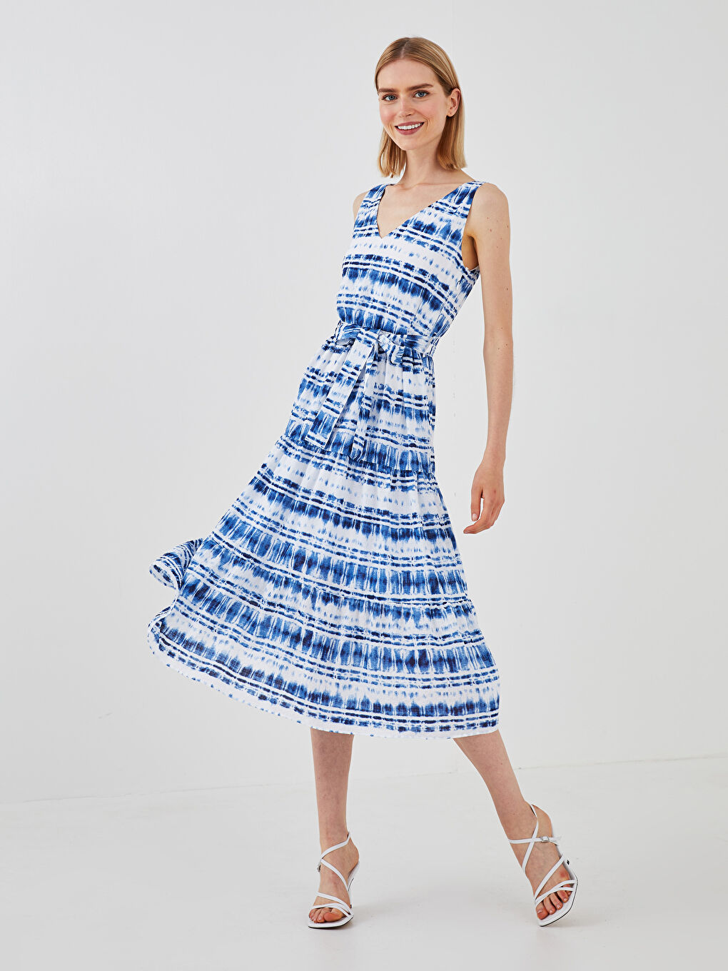 LCW Vision V-Ausschnitt Ärmellos Gemustert Taillengürtel Knitterstoff Kleid für Damen -S1K088Z8-LQQ