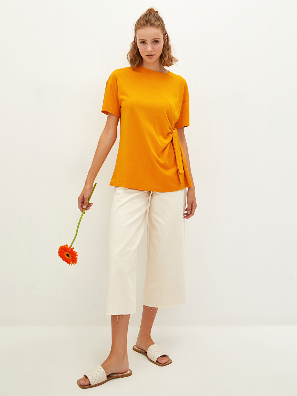 Rundhalsausschnitt Gerade Gebunden Detaillierte Kurzarm Bluse für Damen-3