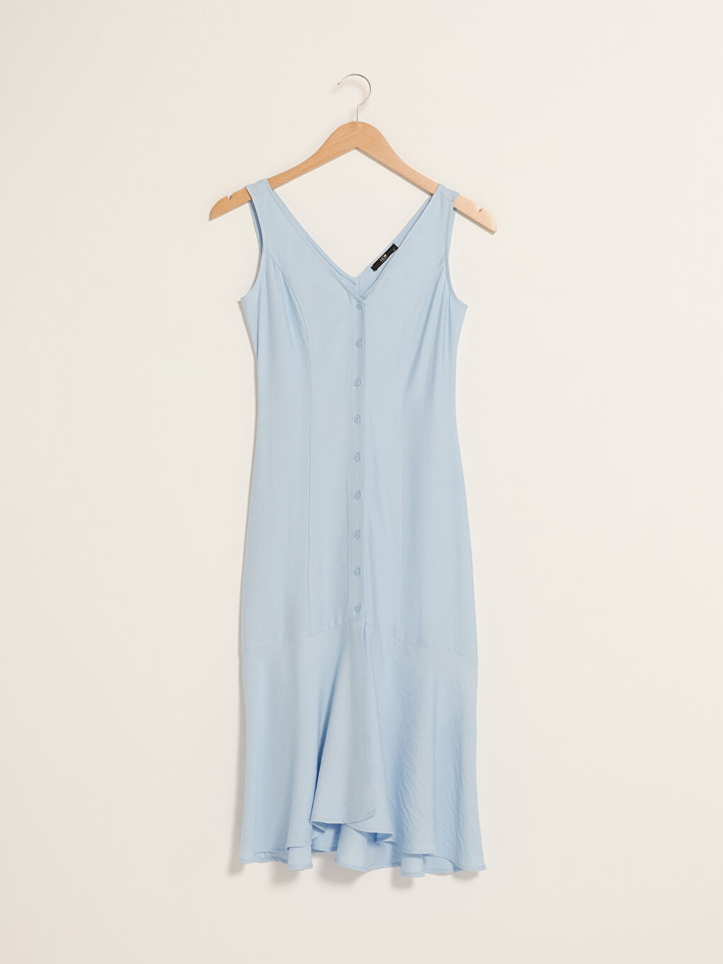 Mavi V Yaka Düz Önden Düğme Kapamalı Kadın Elbise-6