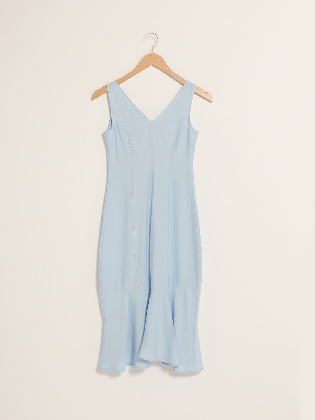 Mavi V Yaka Düz Önden Düğme Kapamalı Kadın Elbise-7