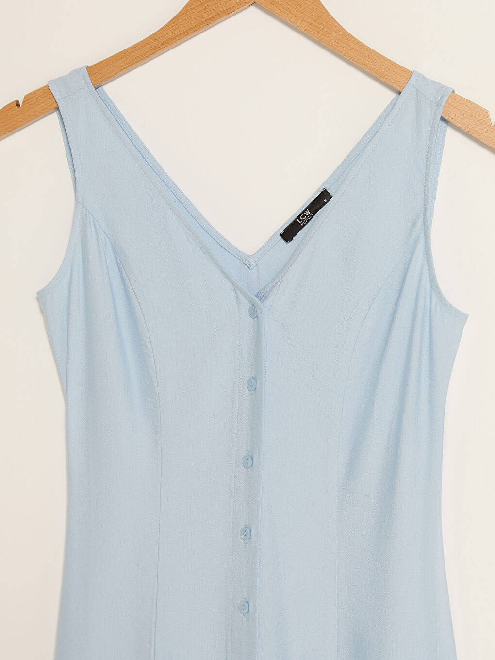 Mavi V Yaka Düz Önden Düğme Kapamalı Kadın Elbise-8
