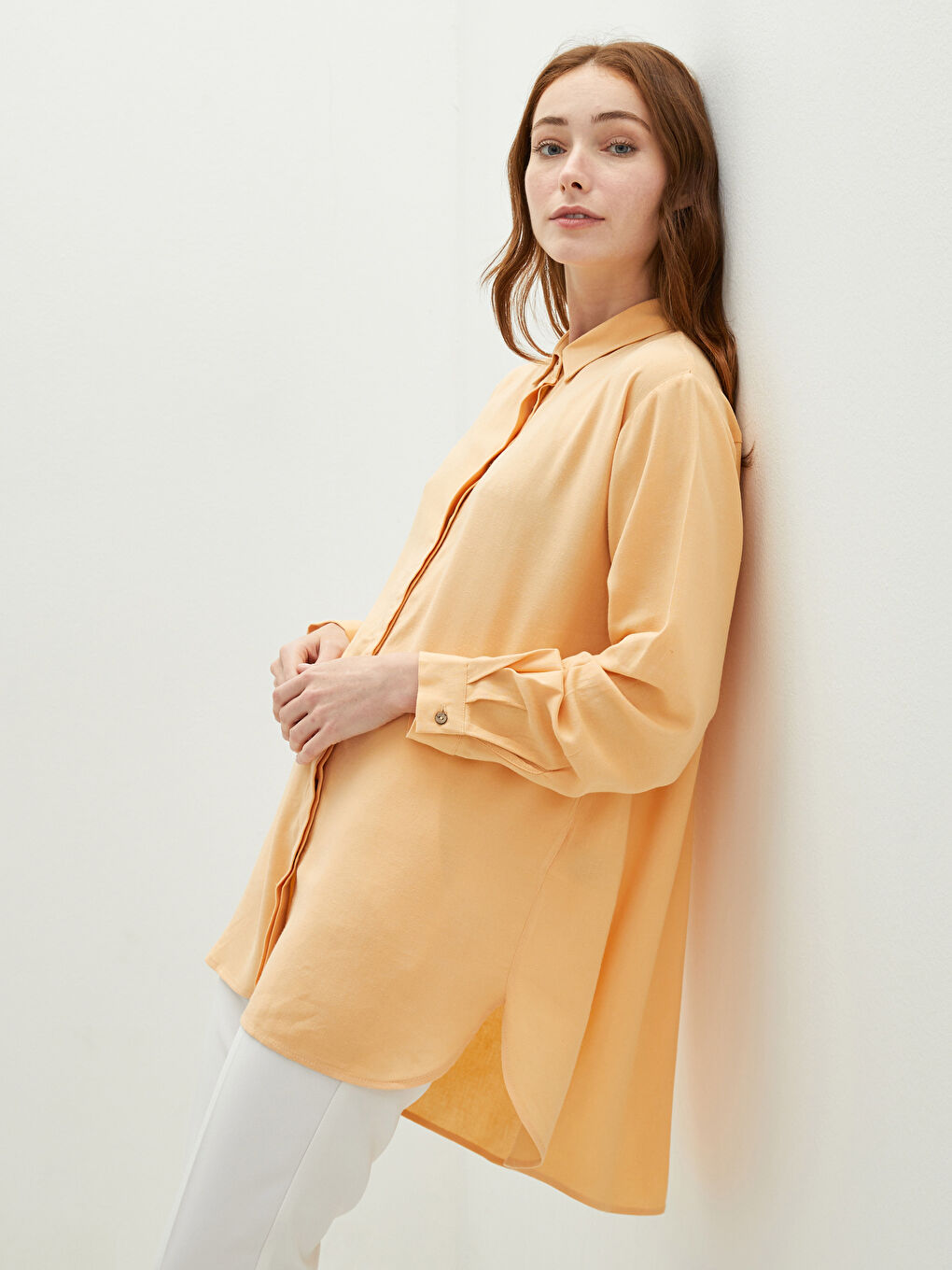 Sarı Gizli Düğme Kapamalı Düz Uzun Kollu Kadın Gömlek