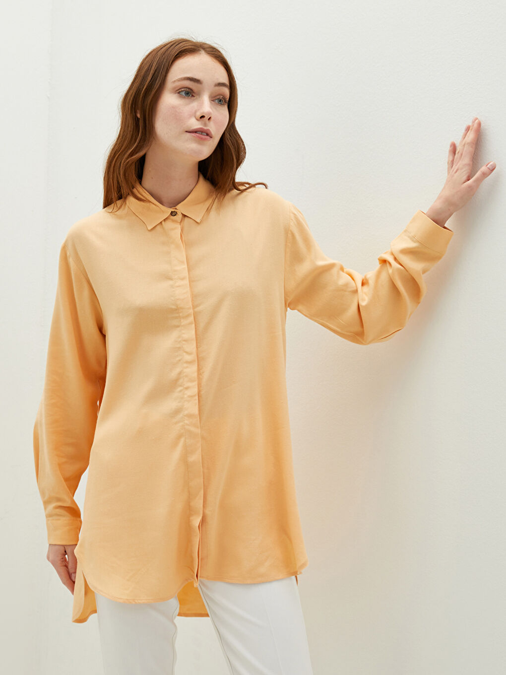 Sarı Gizli Düğme Kapamalı Düz Uzun Kollu Kadın Gömlek-1