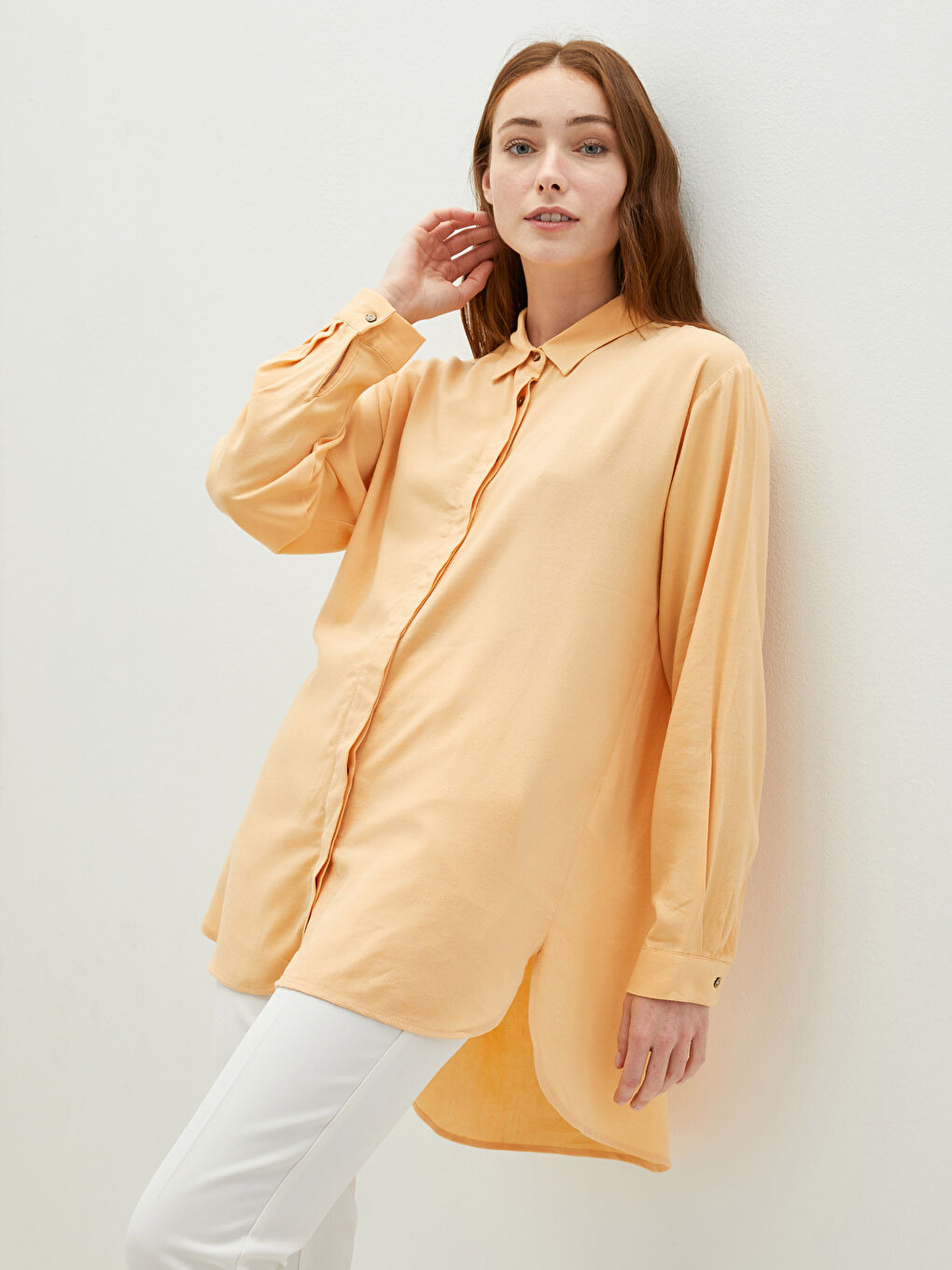 Sarı Gizli Düğme Kapamalı Düz Uzun Kollu Kadın Gömlek-2