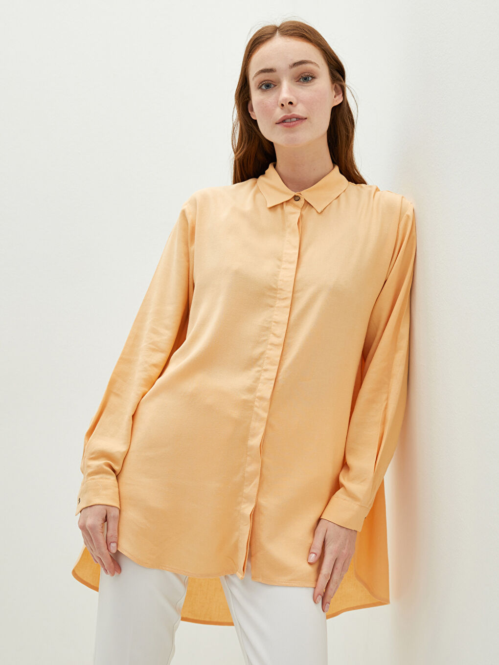 Sarı Gizli Düğme Kapamalı Düz Uzun Kollu Kadın Gömlek-3