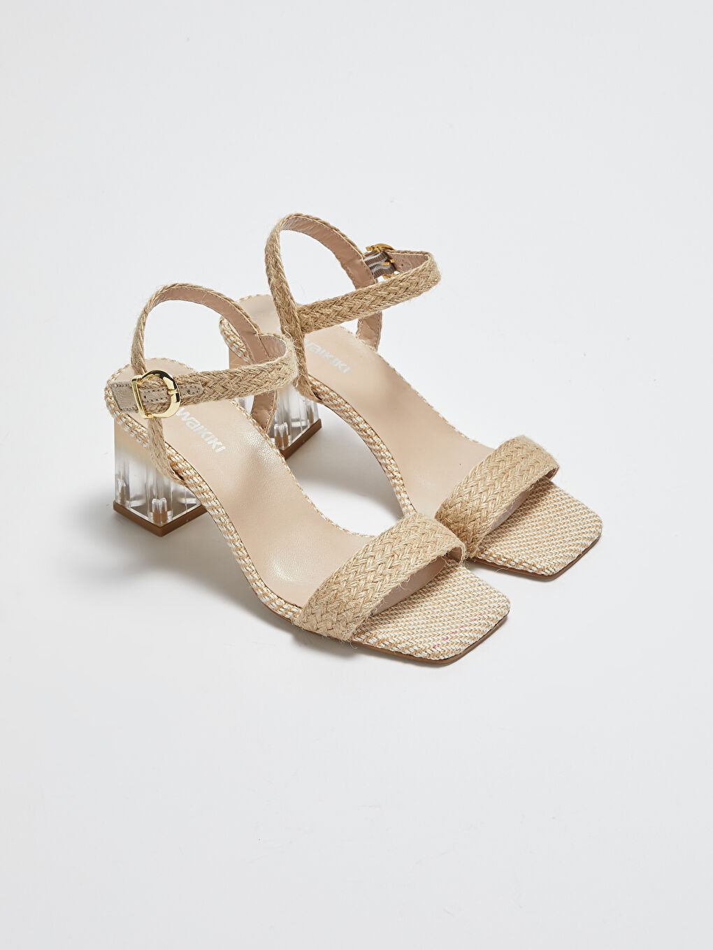 Bej Hasır Detaylı Topuklu Kadın Sandalet-4