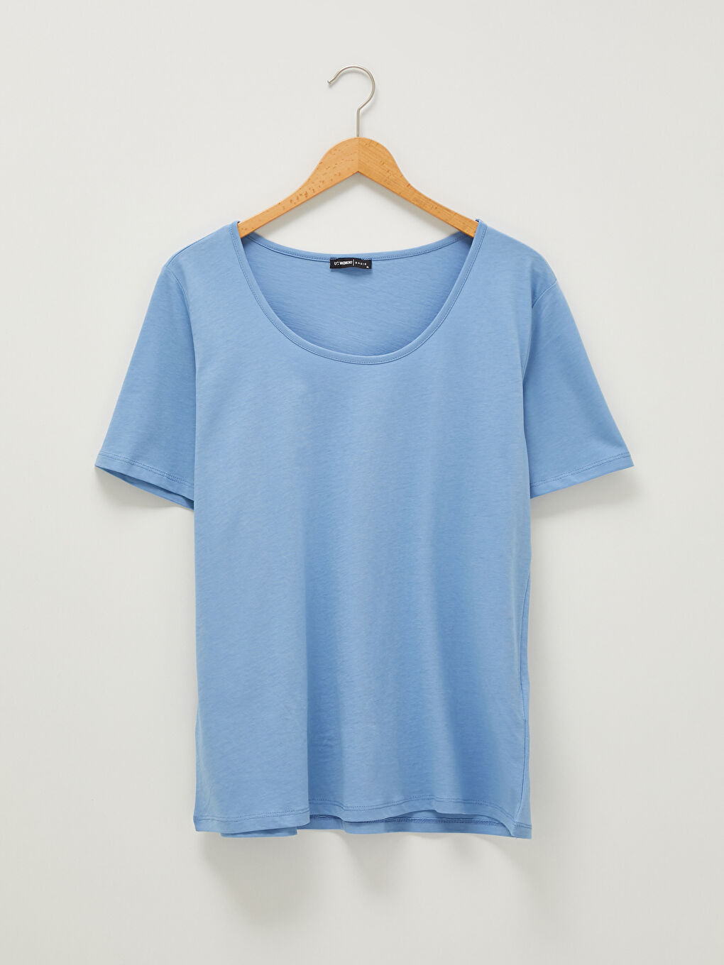 Mavi U Yaka Düz Kısa Kollu Kadın Tişört-6