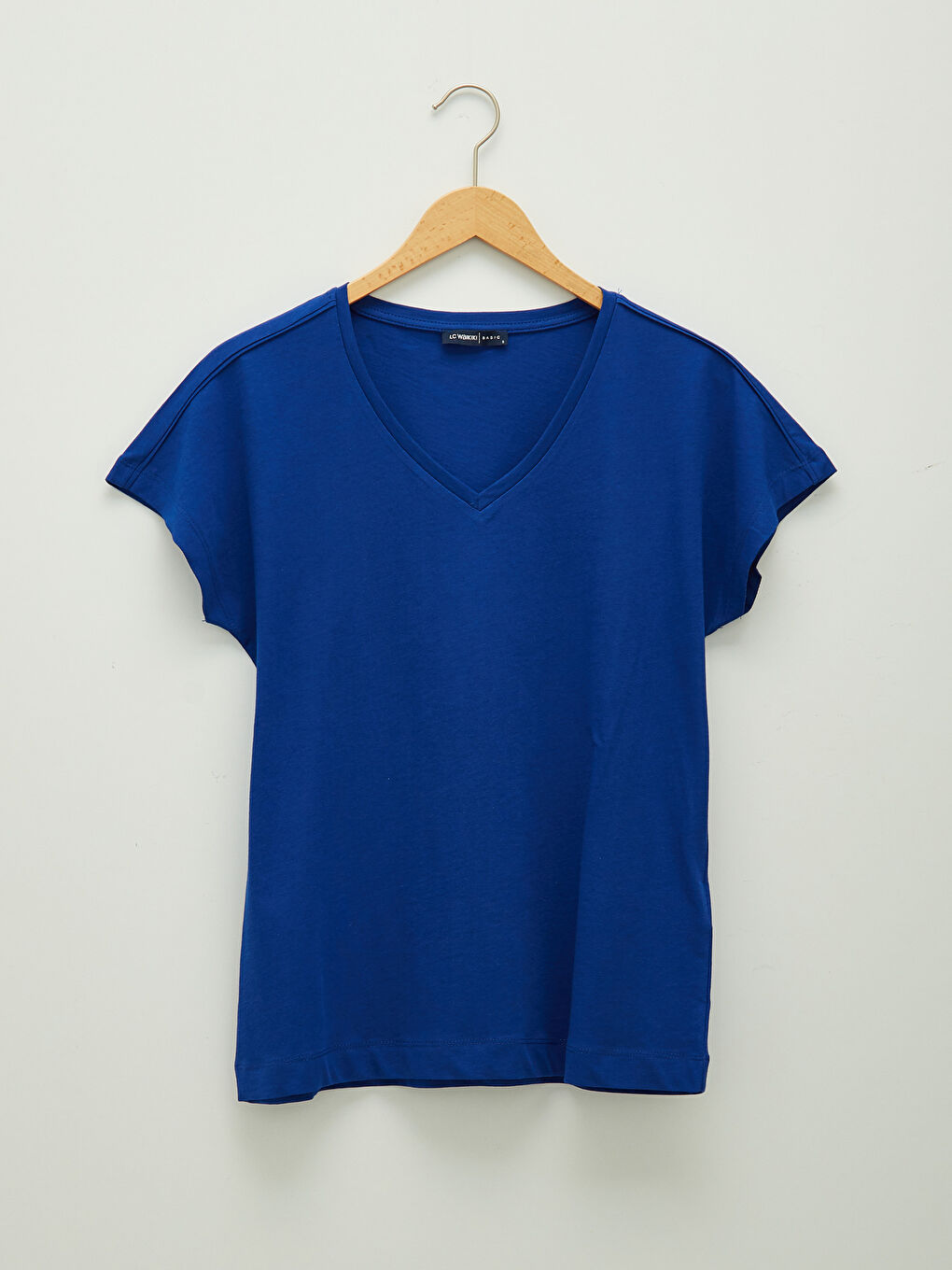 Lacivert V  Yaka Düz Kısa Kollu Pamuklu Kadın Tişört-6