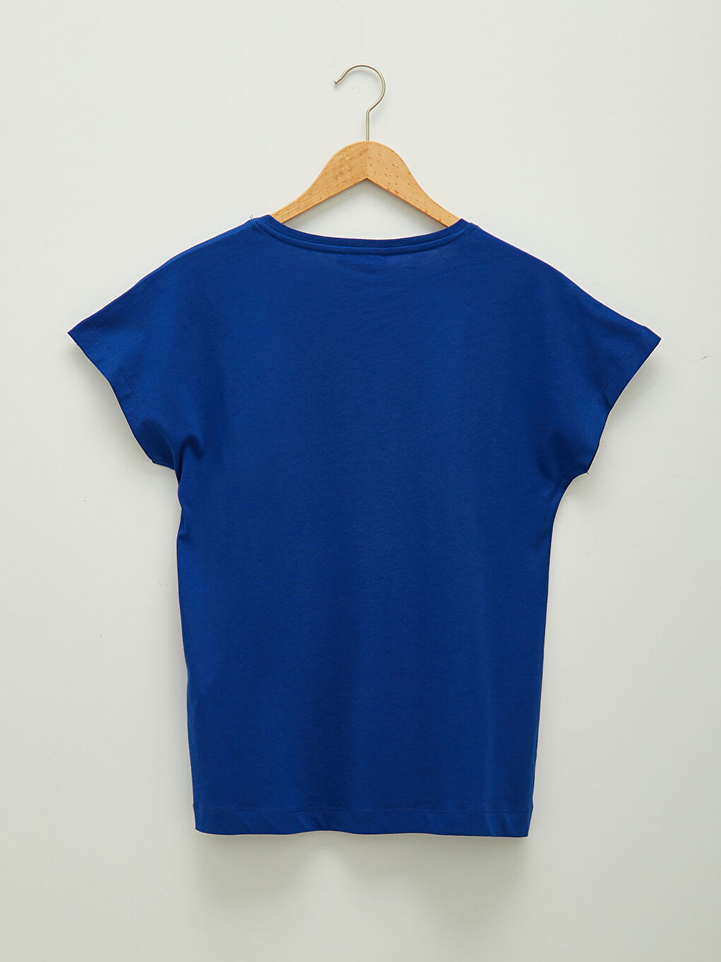 Lacivert V  Yaka Düz Kısa Kollu Pamuklu Kadın Tişört-7