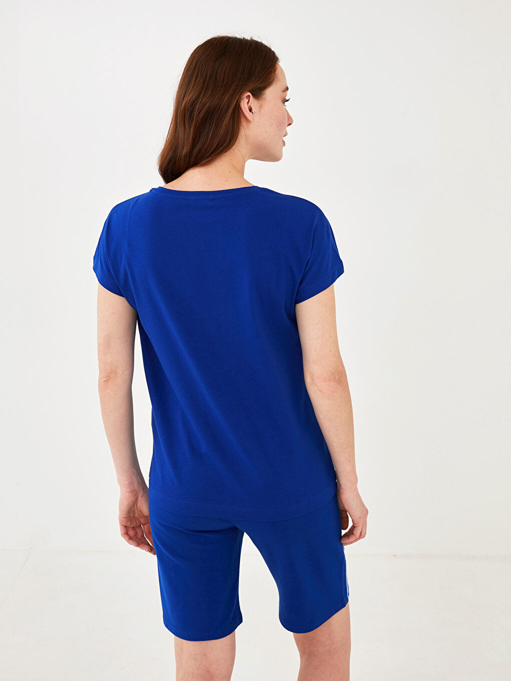 Lacivert V  Yaka Düz Kısa Kollu Pamuklu Kadın Tişört-4