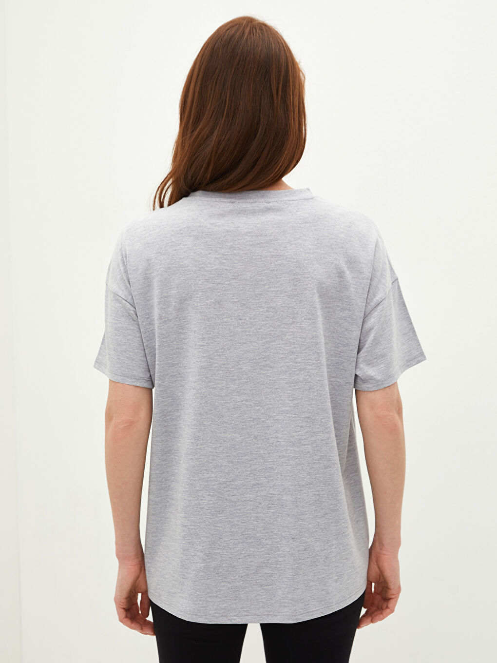 Gri Bisiklet Yaka Baskılı Kısa Kollu Hamile Tişört-2