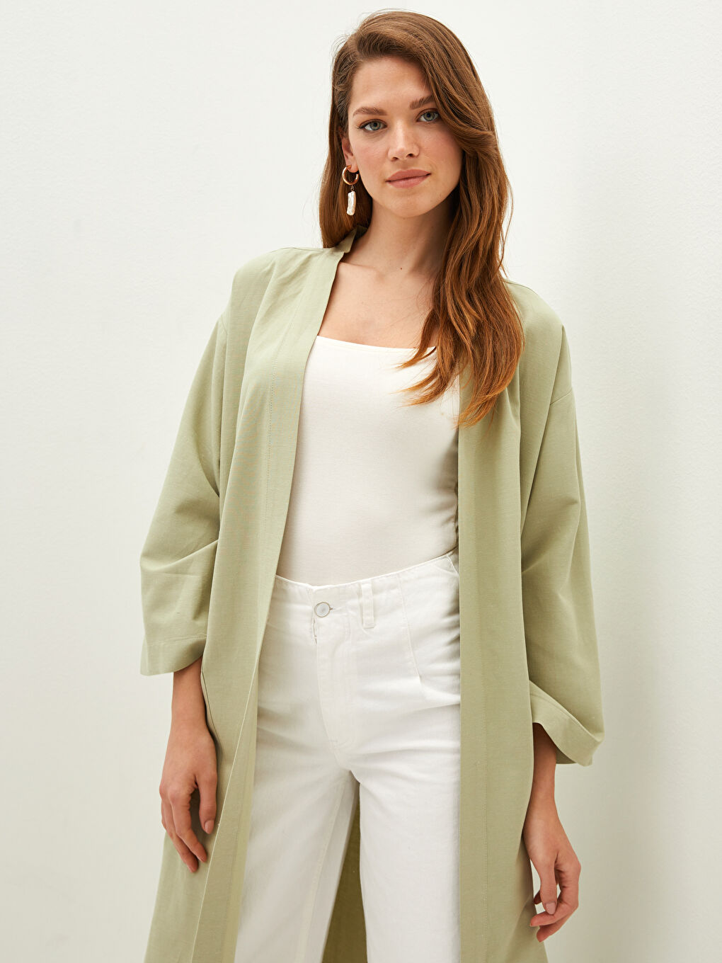 Yeşil Cep Detaylı Düz Uzun Kollu Kadın Kimono-1