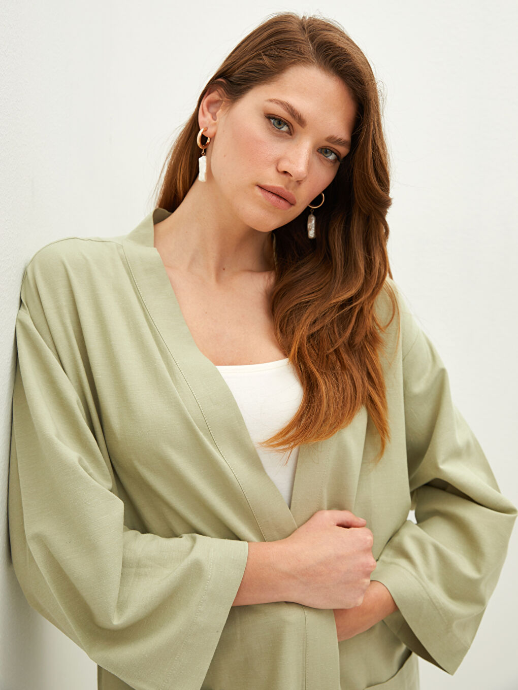 Yeşil Cep Detaylı Düz Uzun Kollu Kadın Kimono-2