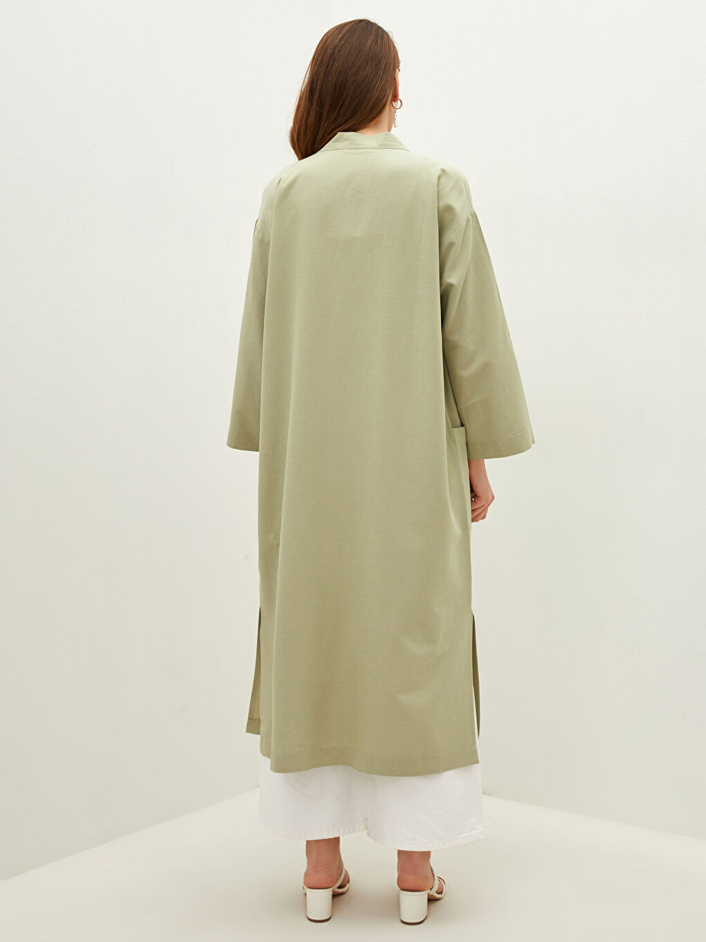 Yeşil Cep Detaylı Düz Uzun Kollu Kadın Kimono-3