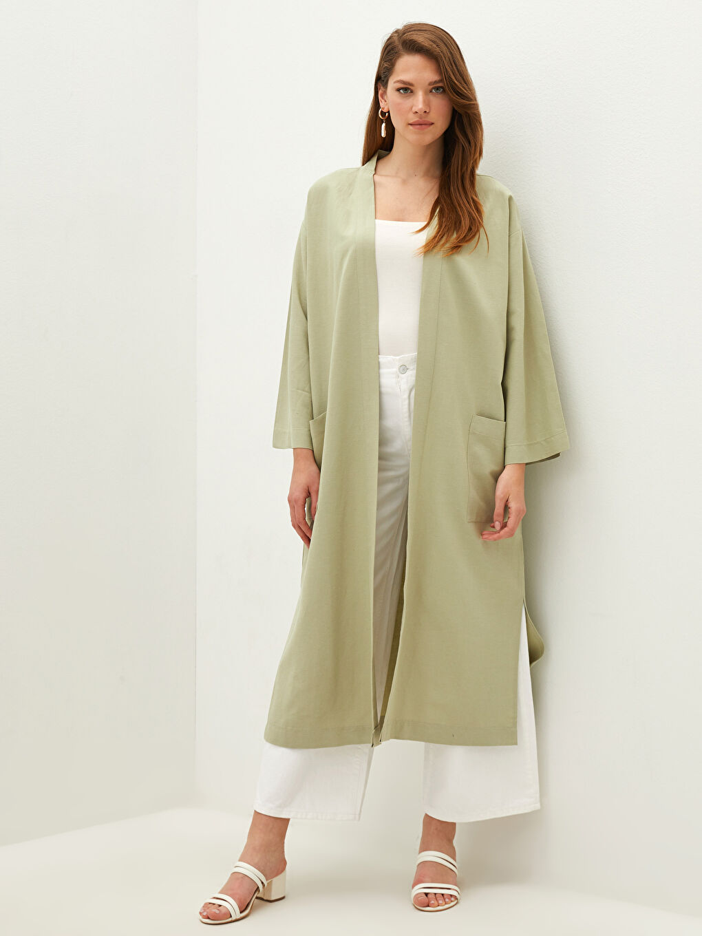 Yeşil Cep Detaylı Düz Uzun Kollu Kadın Kimono-4