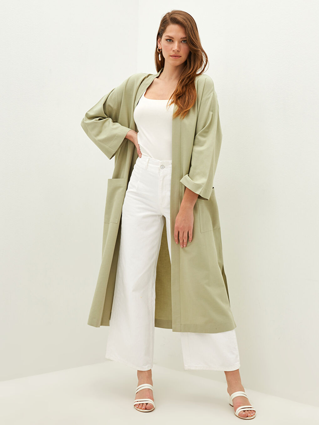 Yeşil Cep Detaylı Düz Uzun Kollu Kadın Kimono