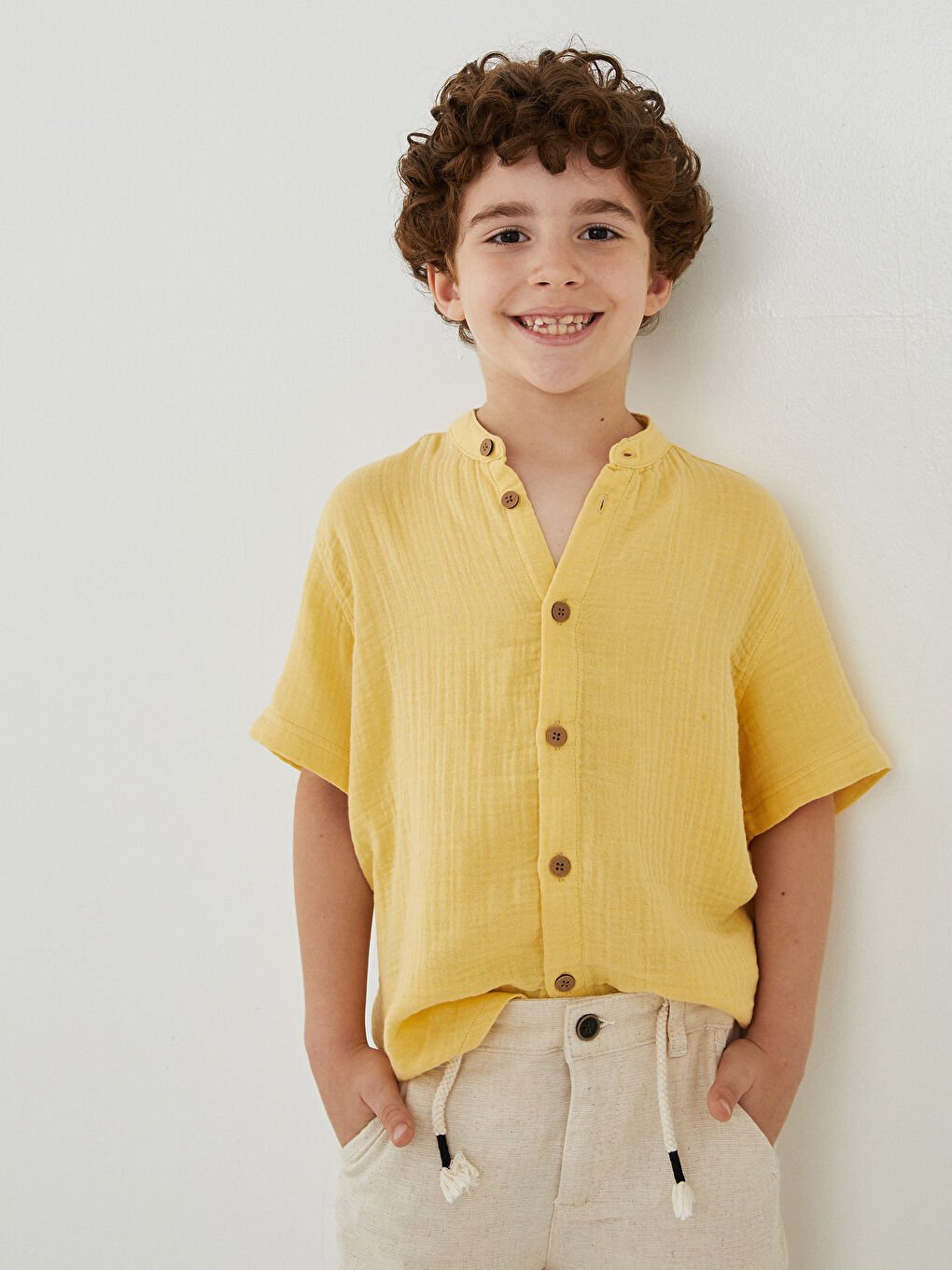 Grandad Collar Basic Short Sleeve Boys' Shirt-2