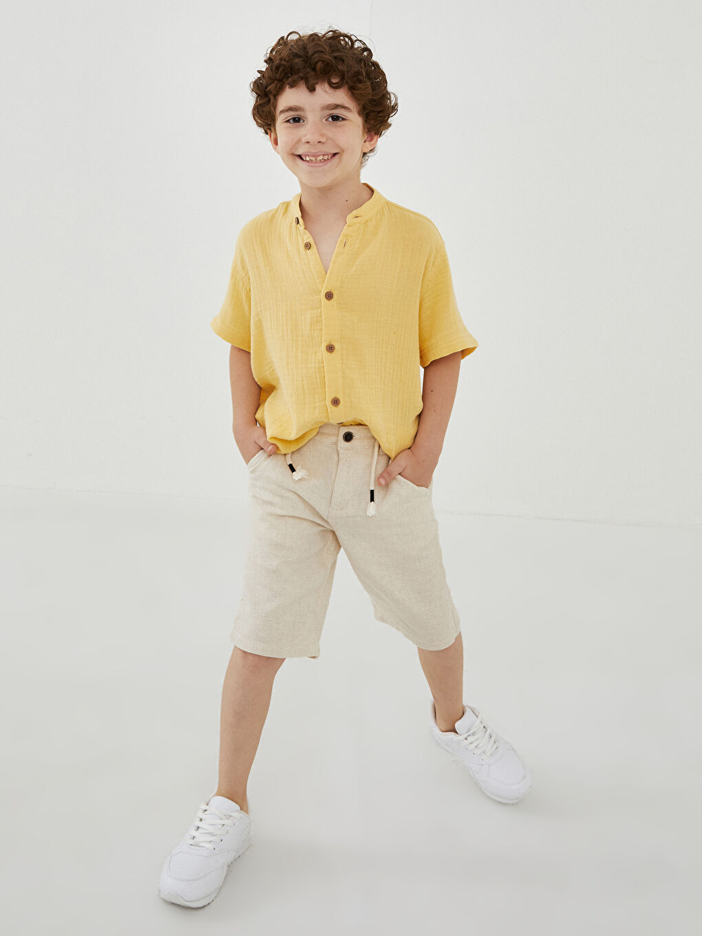 Grandad Collar Basic Short Sleeve Boys' Shirt-4