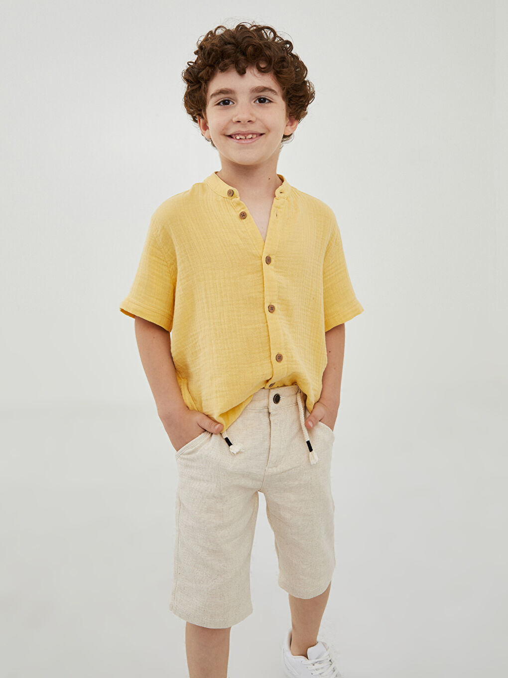 Grandad Collar Basic Short Sleeve Boys' Shirt-5