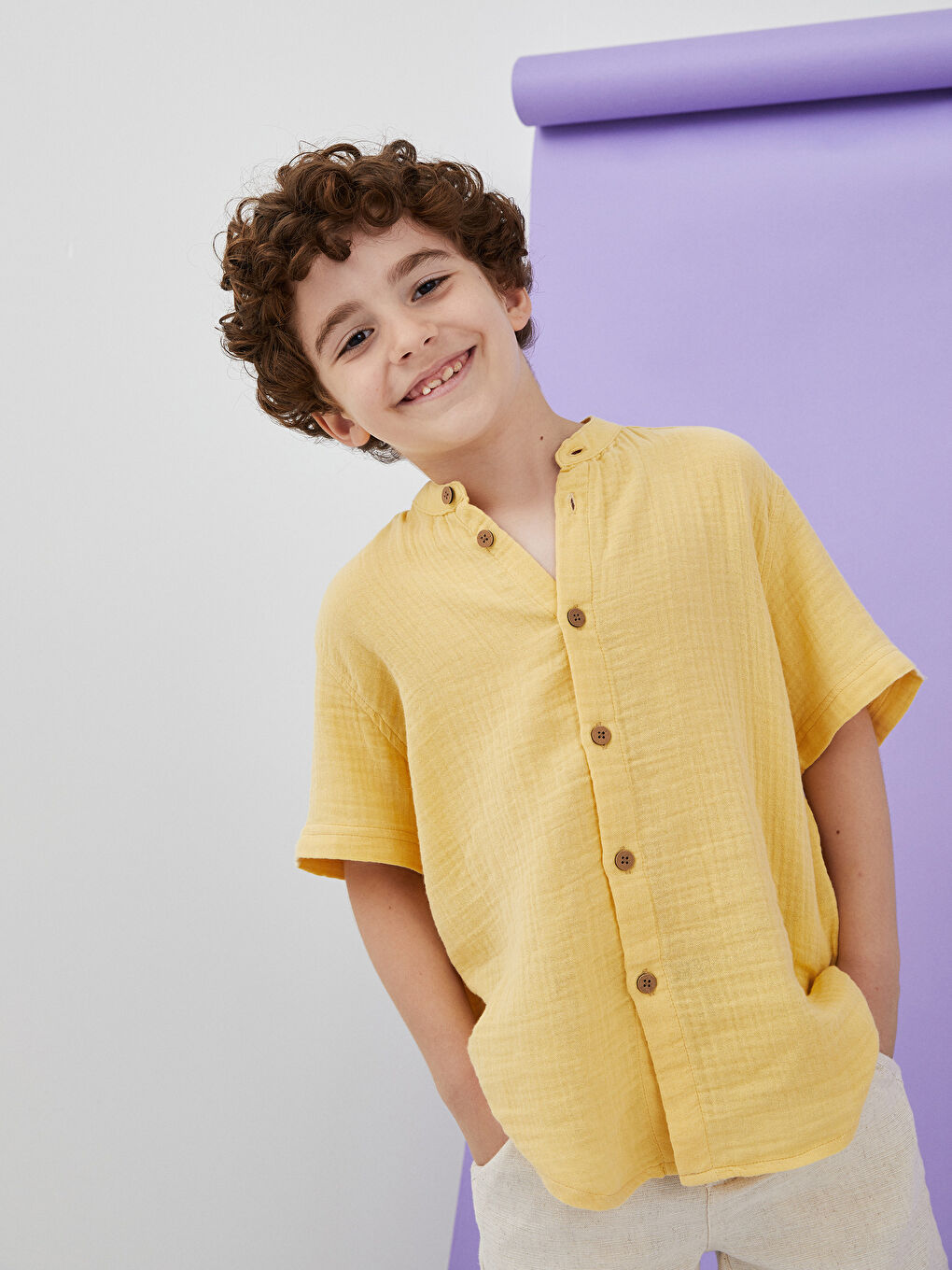 Grandad Collar Basic Short Sleeve Boys' Shirt