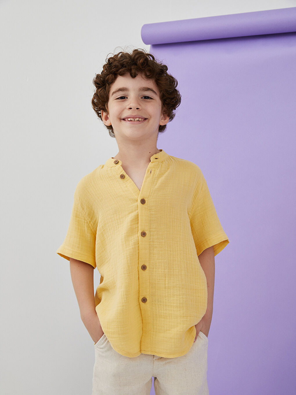 Grandad Collar Basic Short Sleeve Boys' Shirt-1