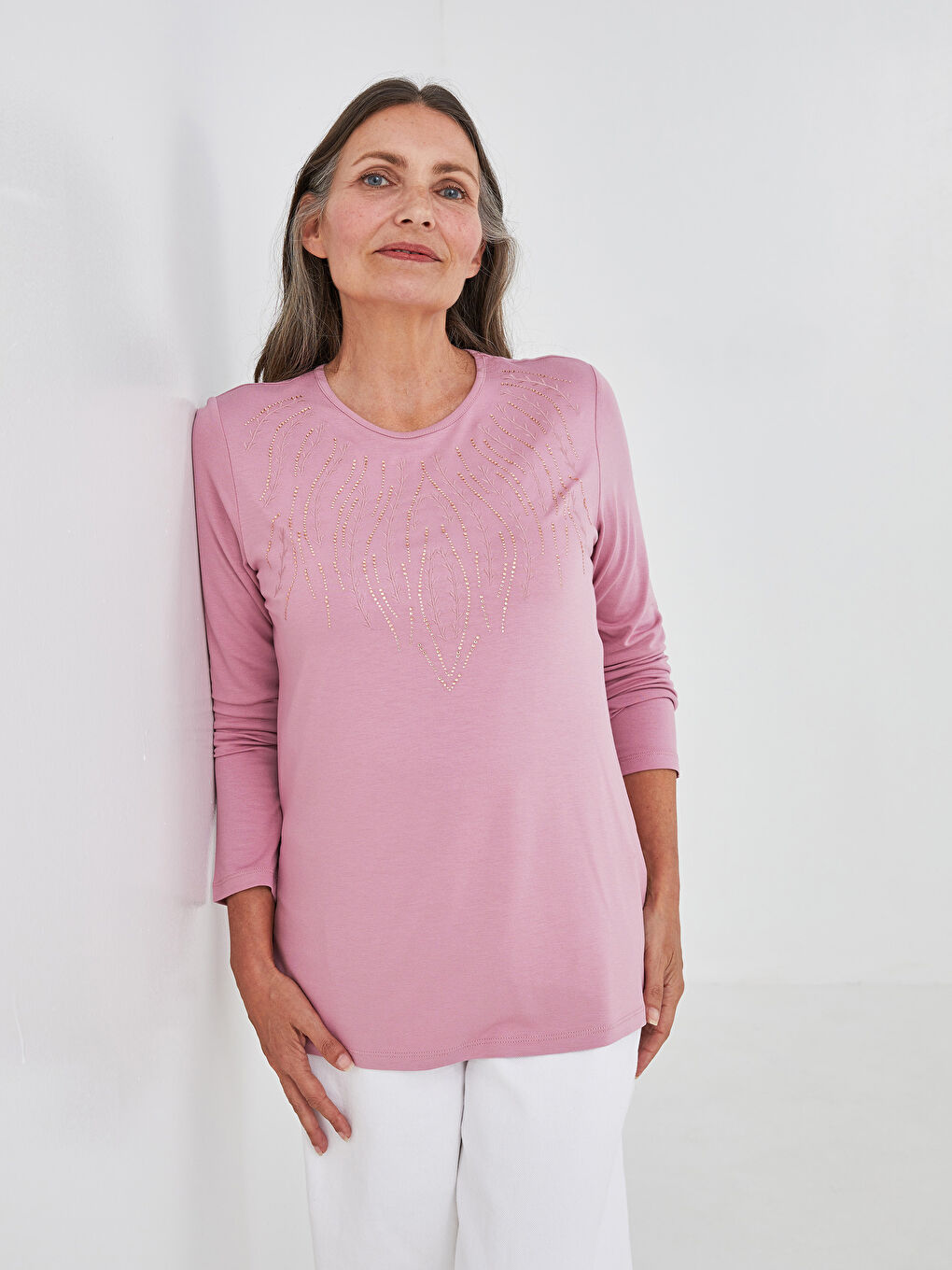 Lila Bisiklet Yaka Nakışlı Uzun Kollu Kadın Bluz-1