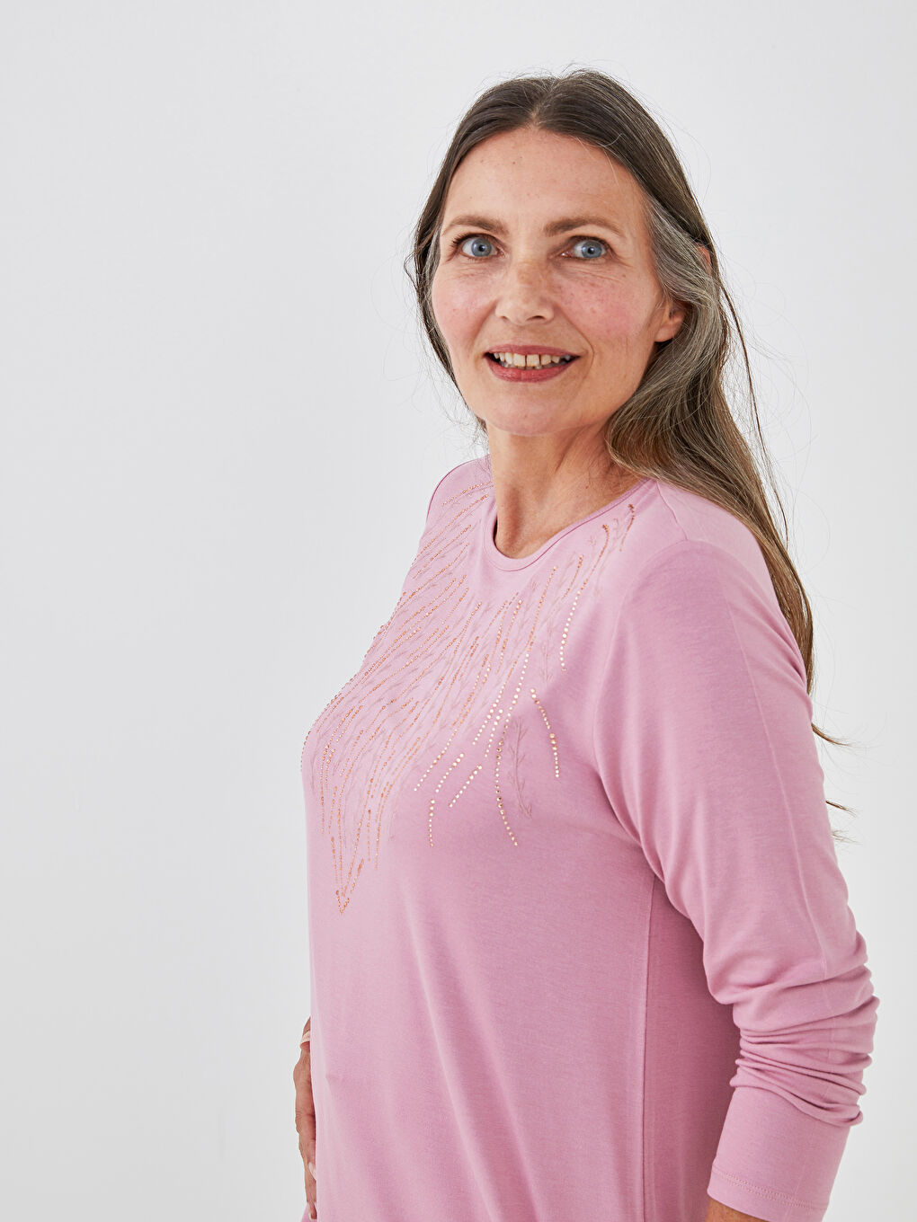 Lila Bisiklet Yaka Nakışlı Uzun Kollu Kadın Bluz-2