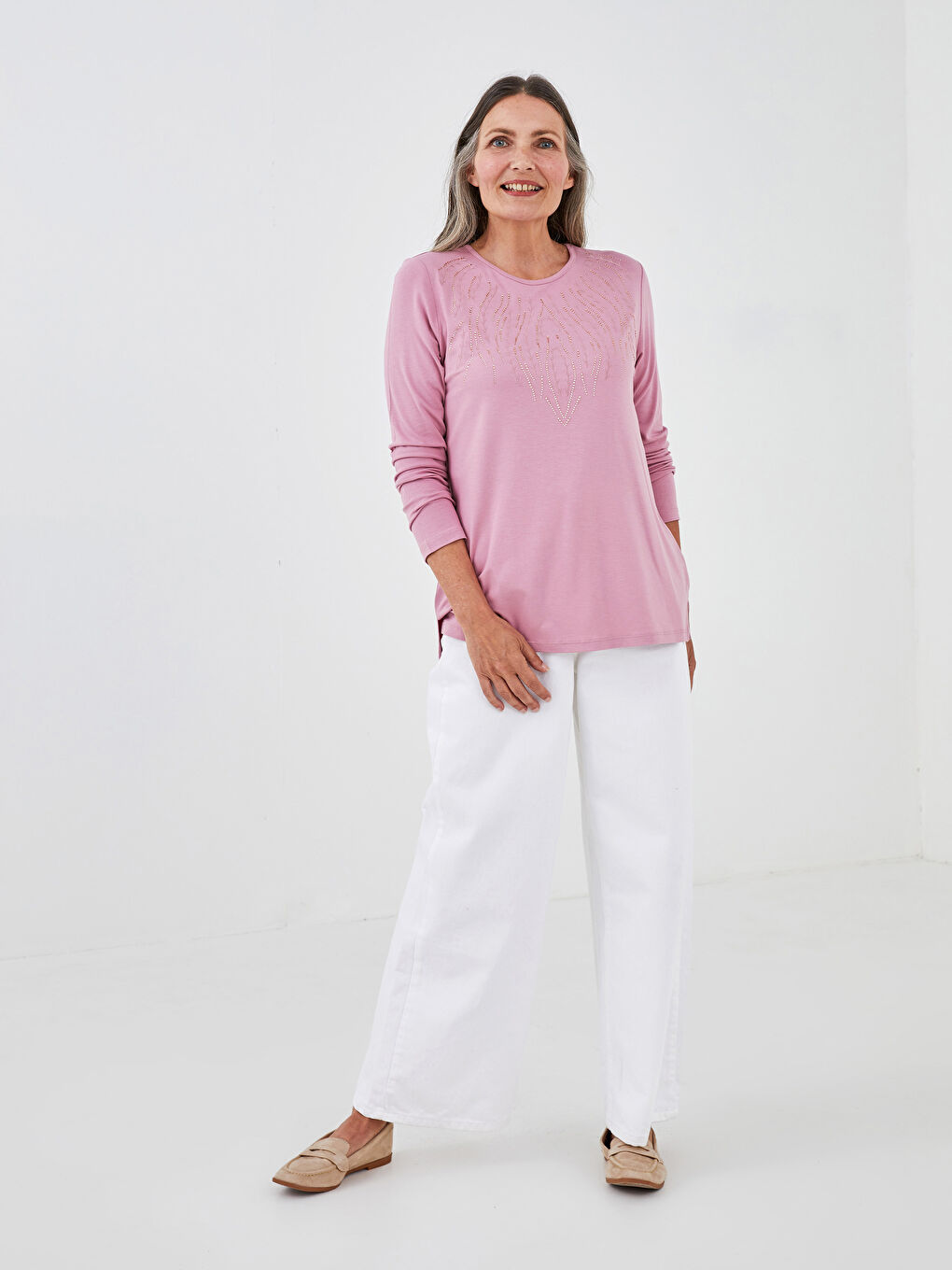 Lila Bisiklet Yaka Nakışlı Uzun Kollu Kadın Bluz-4