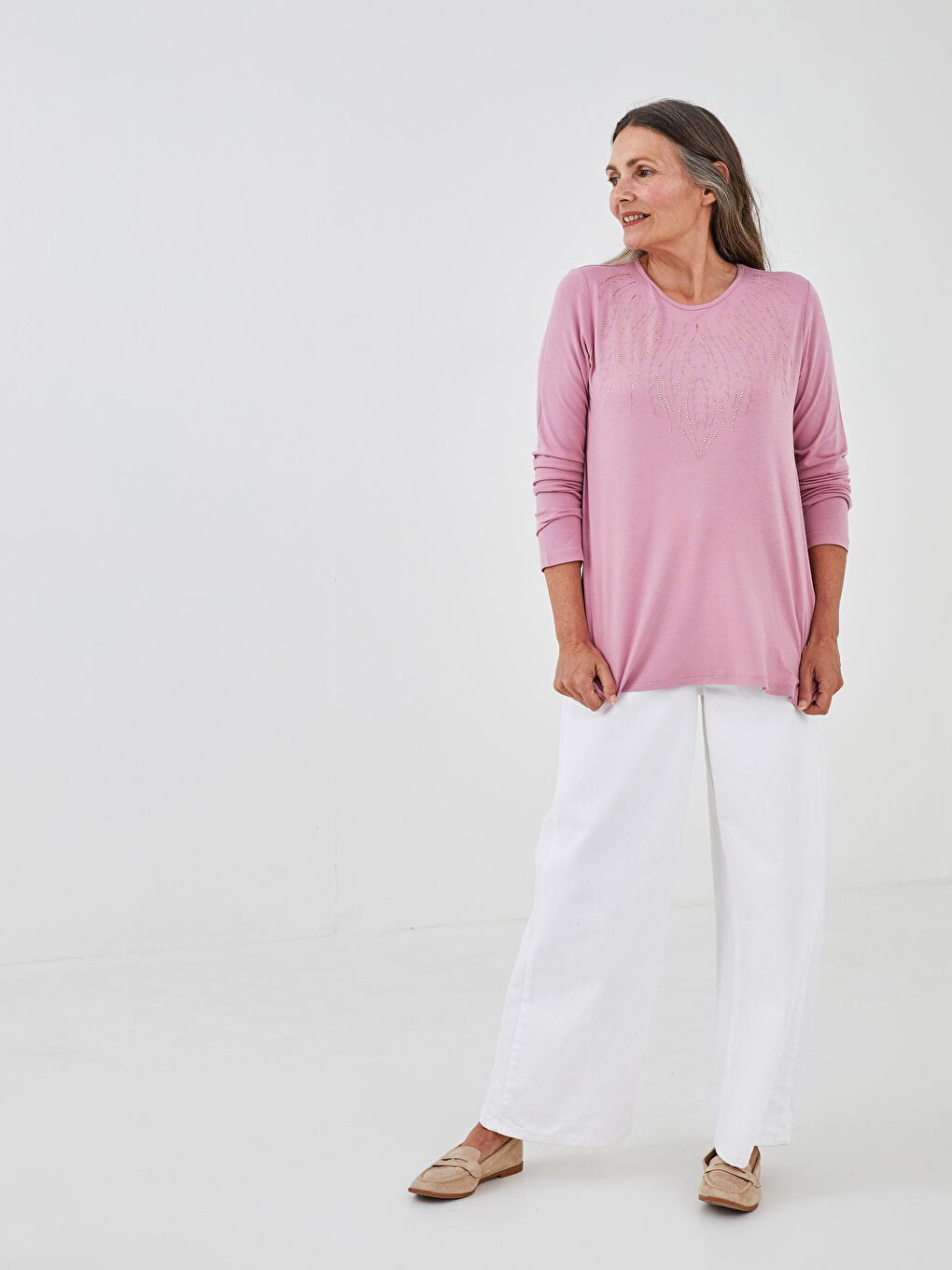 Lila Bisiklet Yaka Nakışlı Uzun Kollu Kadın Bluz