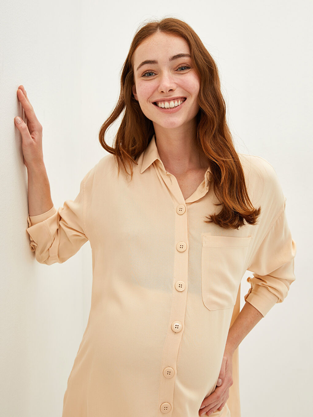 Bej Düz Uzun Kollu Viskon Hamile Gömlek Tunik-1