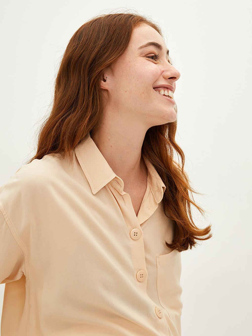 Bej Düz Uzun Kollu Viskon Hamile Gömlek Tunik-2