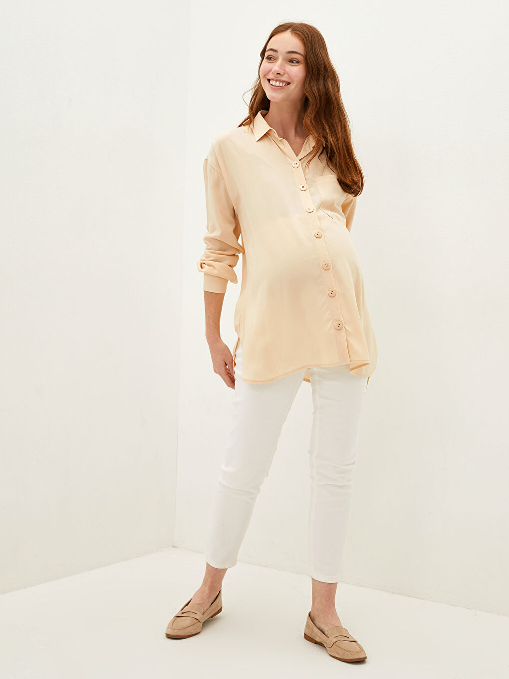 Bej Düz Uzun Kollu Viskon Hamile Gömlek Tunik-3