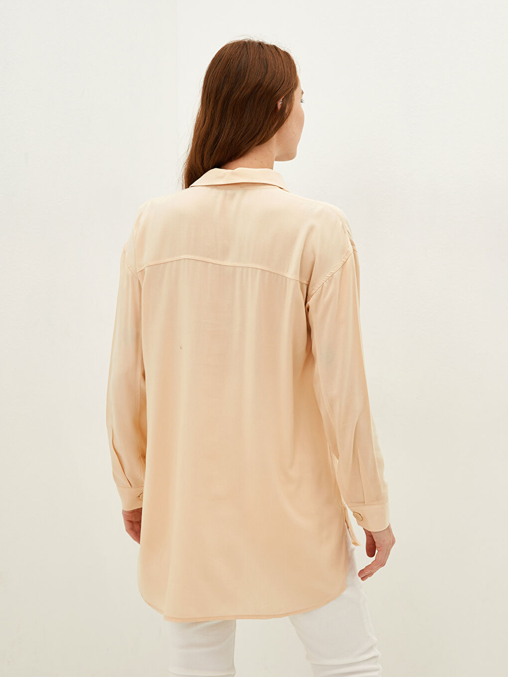 Bej Düz Uzun Kollu Viskon Hamile Gömlek Tunik-4